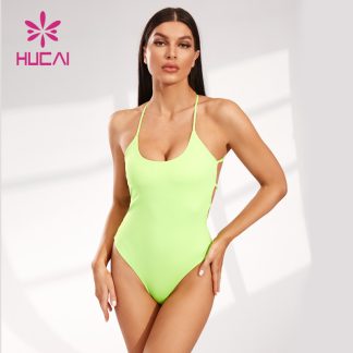 Custom Cross-shoulder Halter Swimsuit Bright Green Swimmwear Factory Supplier