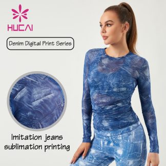 Custom Gym Long Sleeves Shirts Denim Texture Digital Printing Sportswear