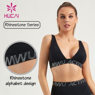 Custom Women Sports Triangle Bras Deep V Rhinestone Alphabet Gymwear