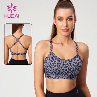Fashionable Leopard Print Yoga Bras Hollow Overlapping Drawstring Design Manufacturer