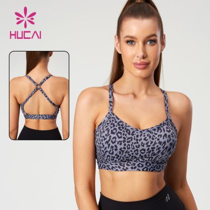 Fashionable Leopard Print Yoga Bras Hollow Overlapping Drawstring Design Manufacturer