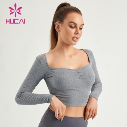 Fitness T Shirts Women Square Neck Slim-Fit Long Sleeve Top Factory - Image 4