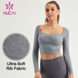Fitness T Shirts Women Square Neck Slim-Fit Long Sleeve Top Factory