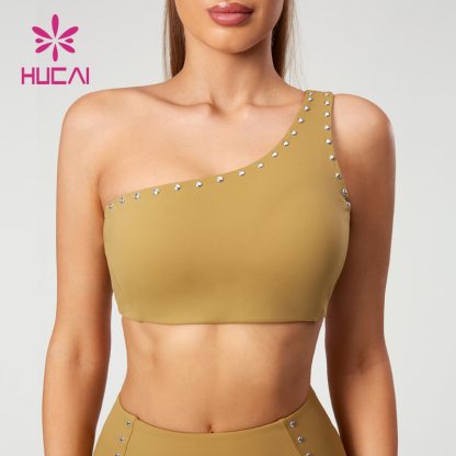 New Slant Single Shoulder Sport Bras Rivet Hot Drilling China Activewear Manufacturer - Image 3