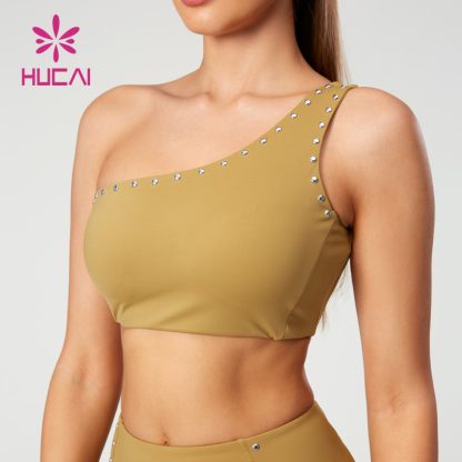 New Slant Single Shoulder Sport Bras Rivet Hot Drilling China Activewear Manufacturer