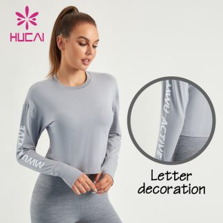 ODM Gym Short Sleeves Shirts 100% Cotton Women Gymwear Letter Decoration