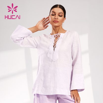 ODM Pullover T Shirts Loose Linen Fabric Women Yoga Long Sleeve Manufacturer - Image 2
