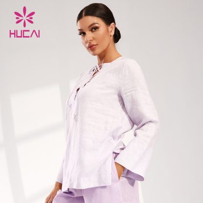 ODM Pullover T Shirts Loose Linen Fabric Women Yoga Long Sleeve Manufacturer - Image 3