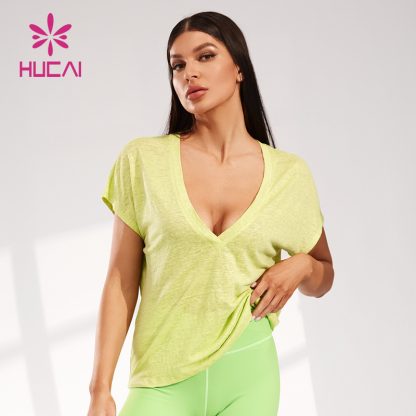 ODM Super Deep V Neck T-shirt Women Yoga Linen Fabric Short Sleeve Manufacturer - Image 2