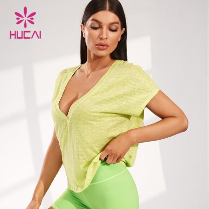 ODM Super Deep V Neck T-shirt Women Yoga Linen Fabric Short Sleeve Manufacturer - Image 3