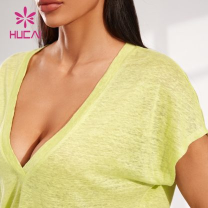 ODM Super Deep V Neck T-shirt Women Yoga Linen Fabric Short Sleeve Manufacturer - Image 4
