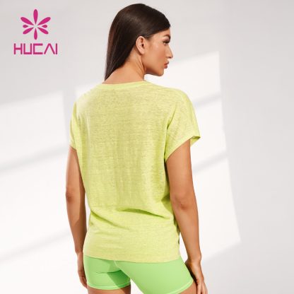 ODM Super Deep V Neck T-shirt Women Yoga Linen Fabric Short Sleeve Manufacturer - Image 5