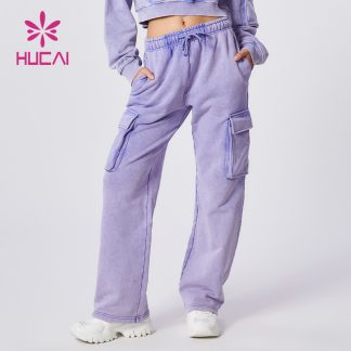 ODM Washed Joggers Cargo Pocket Women Lavender Sports Sweatpants Factory