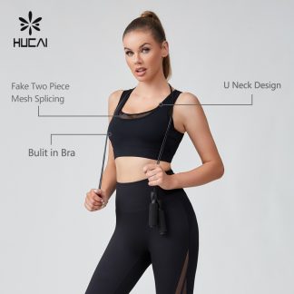OEM Fake Two Piece Mesh Splicing U Neck Design Yoga Bras Sportswear Manufacturer