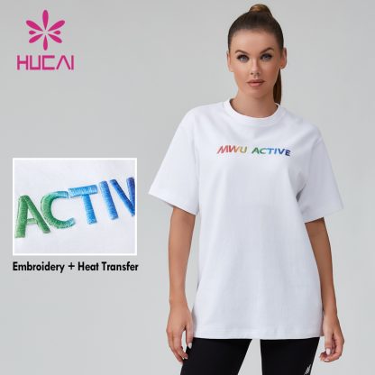 OEM Fitness T-shirt 3D Embroidered Heat Transfer Logo Womens Sportswear Manufacturer