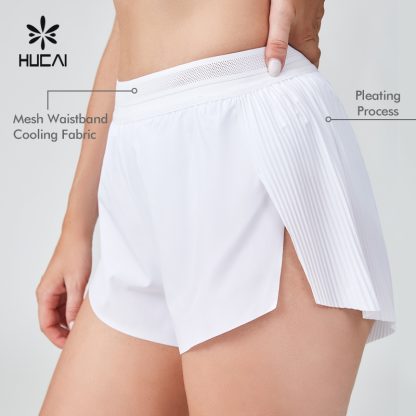 OEM Ladies Split Hem Pleat Back Mesh Waistband Sports Shorts
