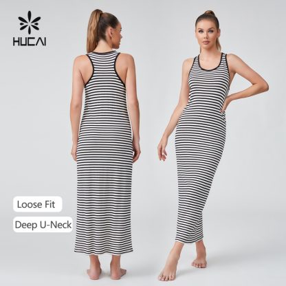 OEM Long Dress Cotton And Linen Blended Deep U-neck Sportswear Manufacturer