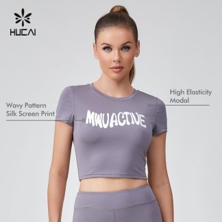 OEM Modal Spandex Wavy Pattern Silk Screen Crop Fitness T Shirt