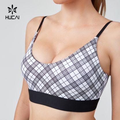 OEM U Neck Adjustable Plaid Printed Yoga Gym Sports Bra For Women - Image 3