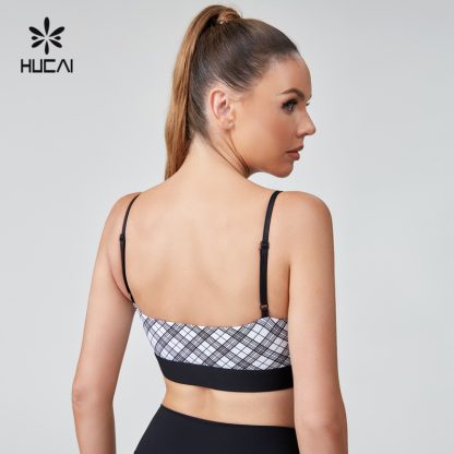 OEM U Neck Adjustable Plaid Printed Yoga Gym Sports Bra For Women - Image 4