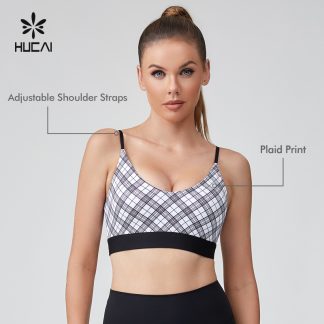 OEM U Neck Adjustable Plaid Printed Yoga Gym Sports Bra For Women