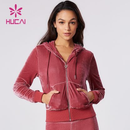 OEM Velvet Fabric Jacket Short Version Sports Full Zipper Crop Top Factory - Image 3