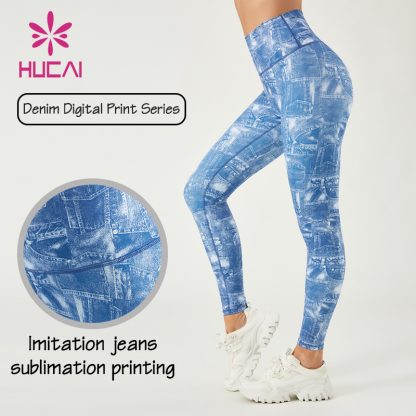 Printing Sports Leggings Denim Texture Sublimation Women Yoga Pants Factory