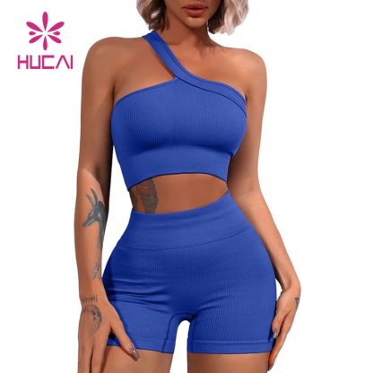 Private Label Sports Bra One Shoulder Tops High Waist Shorts Active Set - Image 3